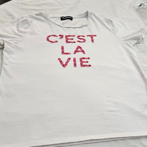 Karl Lagerfeld "C'est La Vie" Paris Rhinestone Graphic White Shirt Size (M) - Picture 12 of 14